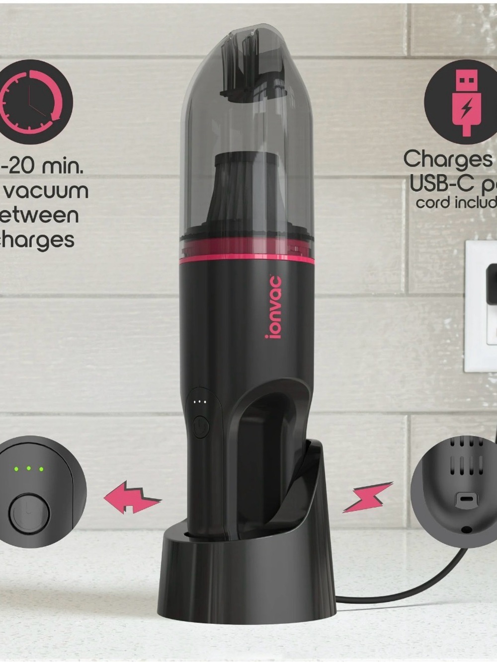 ionvac Handheld Cordless Vacuum Cleaner in Black and Pink